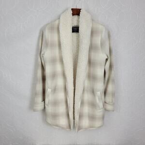 Abercrombie & Fitch Womens Jacket Small Cream Plaid Sherpa Lined Open Front